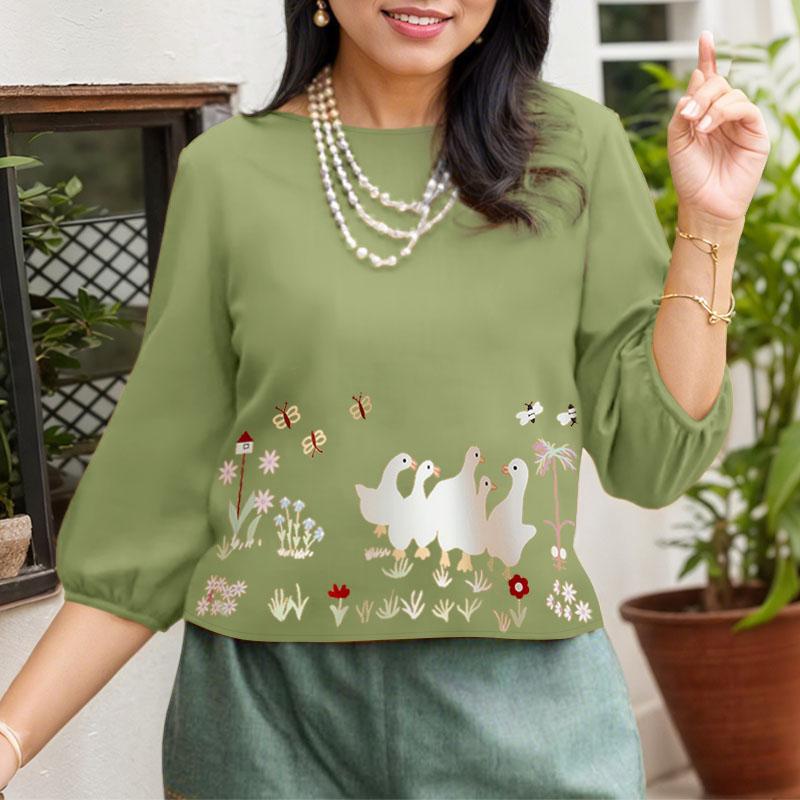 

ZANZEA Женская повседневная блузка с круглым вырезом, свободным рукавом 3/4 и принтом 5XL зелёный