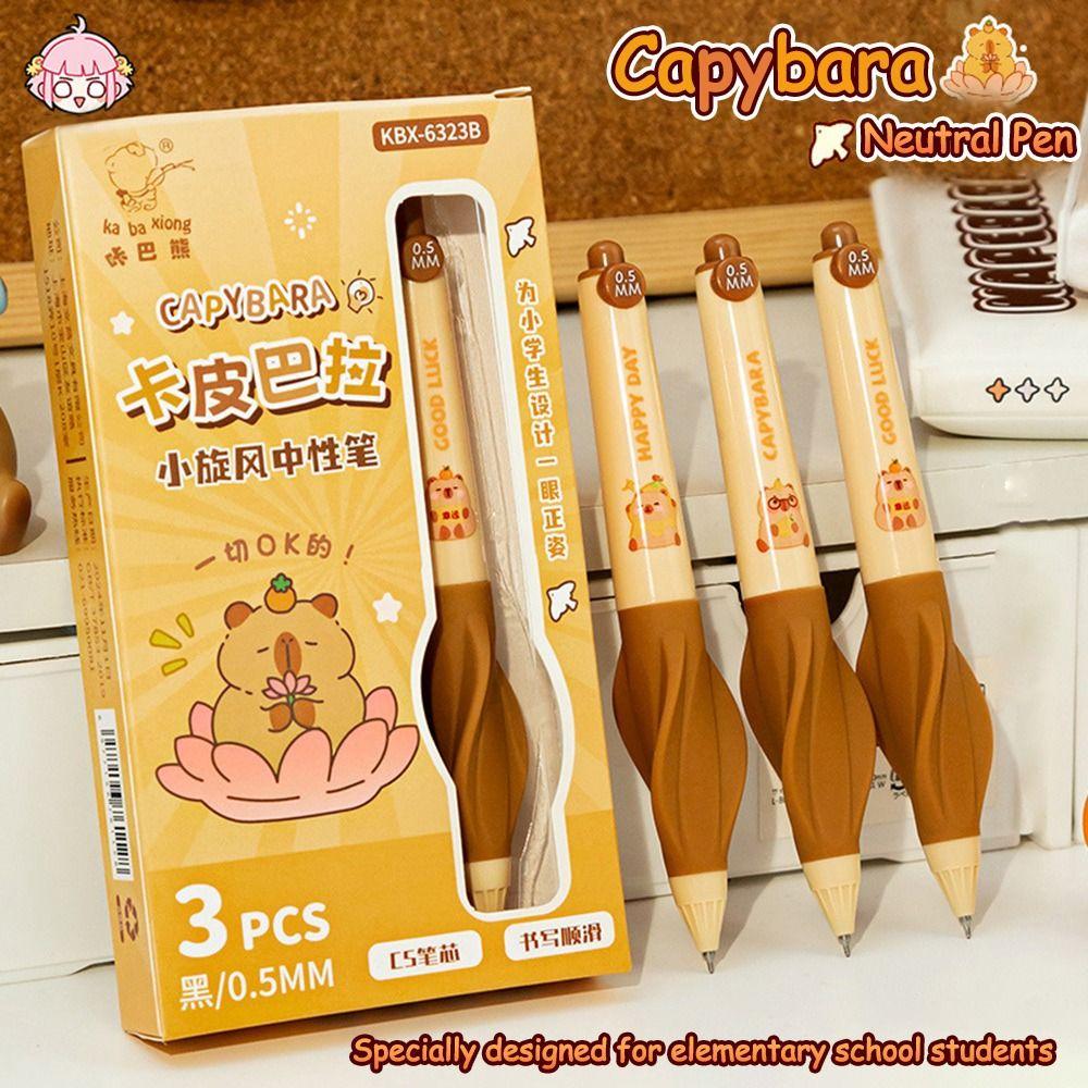 

3Pcs Press Gel Pen Soft Grip Question Pen Gift Ballpoint Pen Student Capibara-Black
