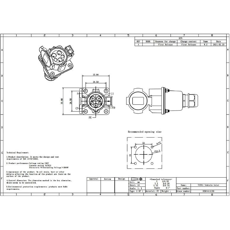 Acouto Type 1 EV Socket Energy Vehicles AC Socket Holder Level 2 Single Phase 240V 16A 32A Universal CE TUV SAE J1772 Approved