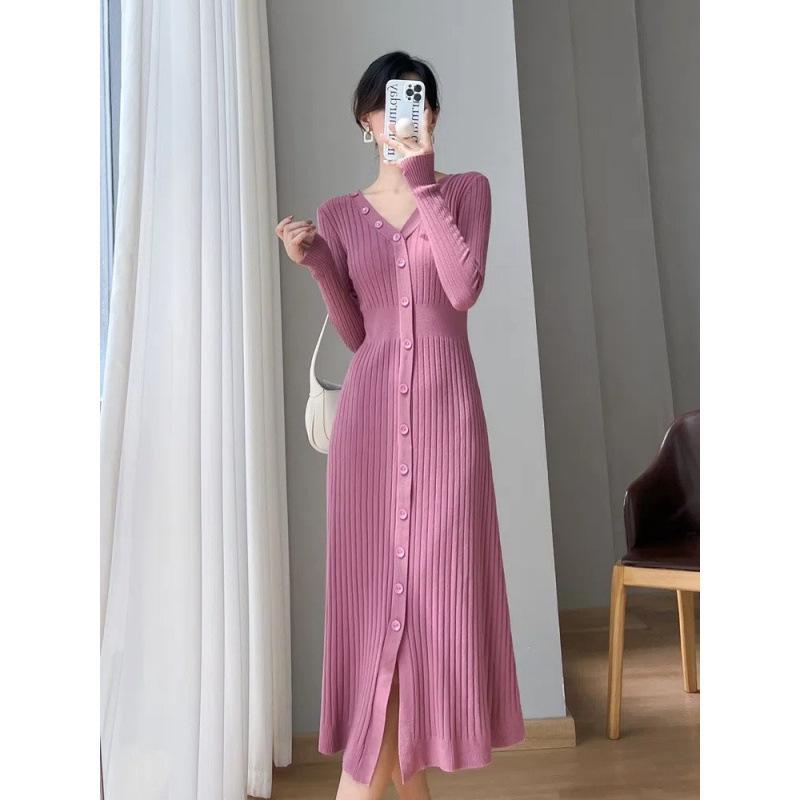 Women's French Style Long Knit Sweater Dress, Slim Fit, Single-Breasted, for Autumn and Winter