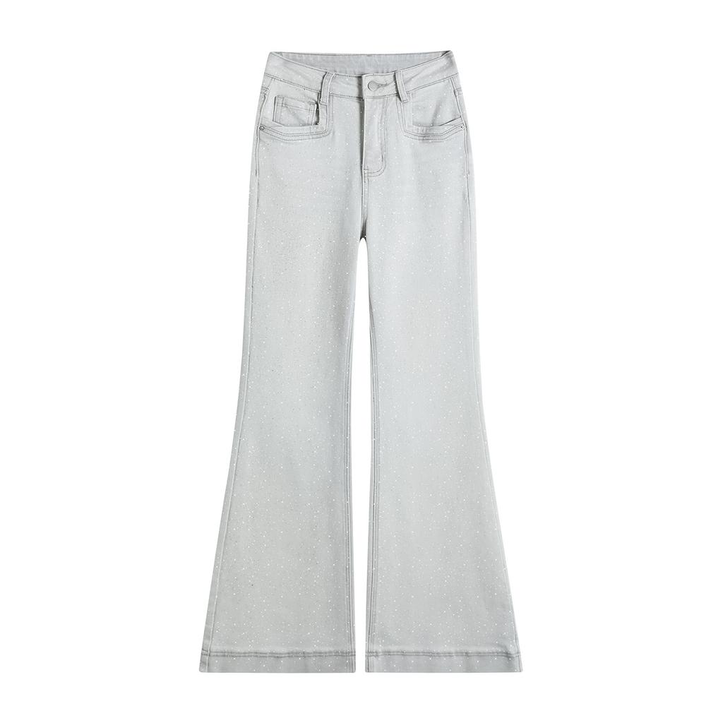 Spring Summer Platinum Glitter High Waist Slim Hide Figure Light Tone Floor Sweeping Micro Flare Denim Pants Ladies Casual Oversize Denim Trousers