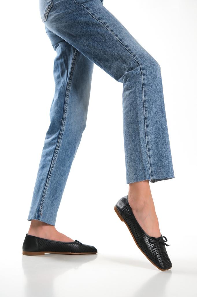 Women's Flat Shoes Black Genuine Leather Ballerina Flats with Bow Detail Casual Shoes