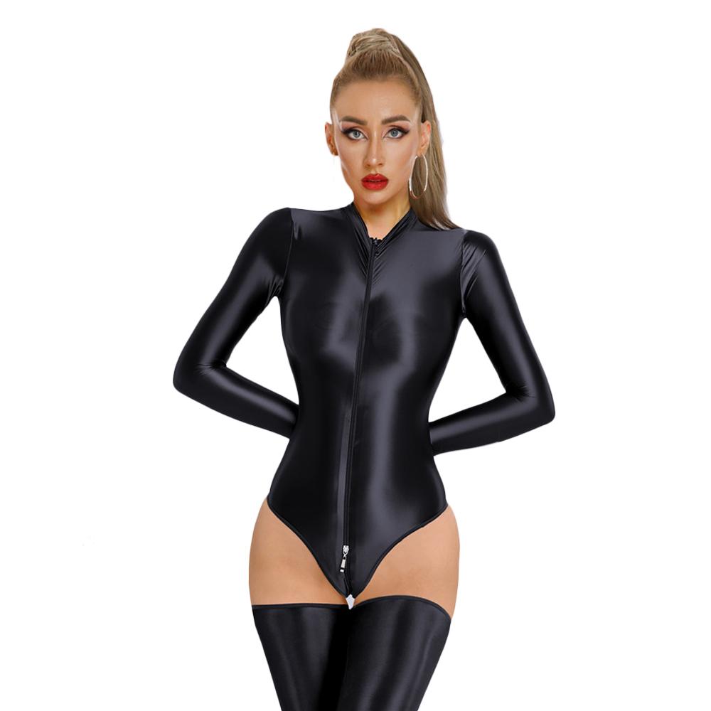 Women Stain Smooth Bodysuit One Pieces Thong Two Way Zipper Open Crotch Elastic Tights Oil Shiny Yoga Shaping Maid Leotard