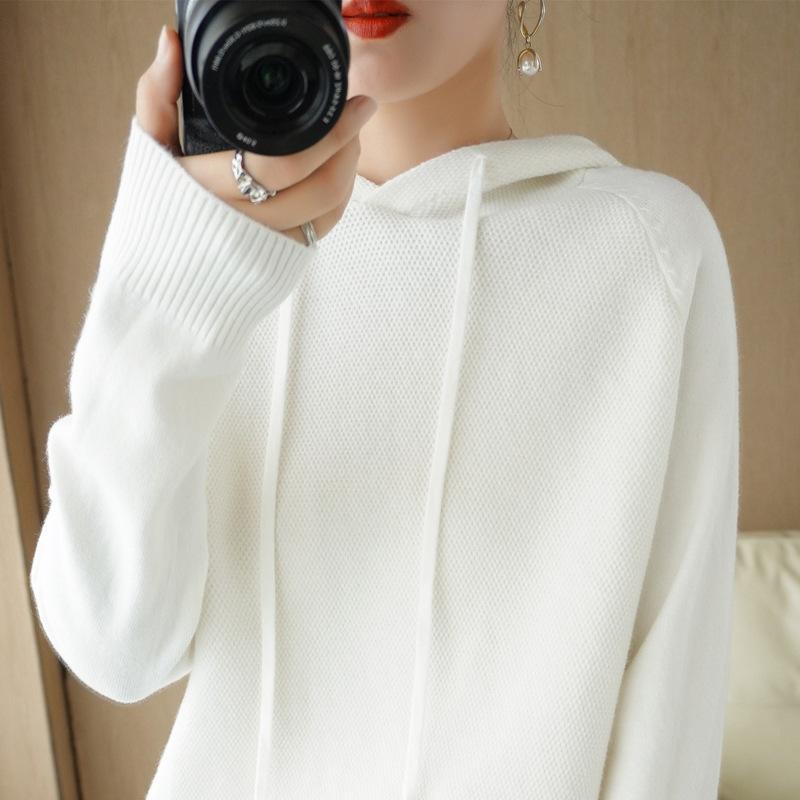 Autumn Winter Loose Casual Fashion Solid Color Hooded Sweater Women Pullover All-match Knitting Drawstring Top