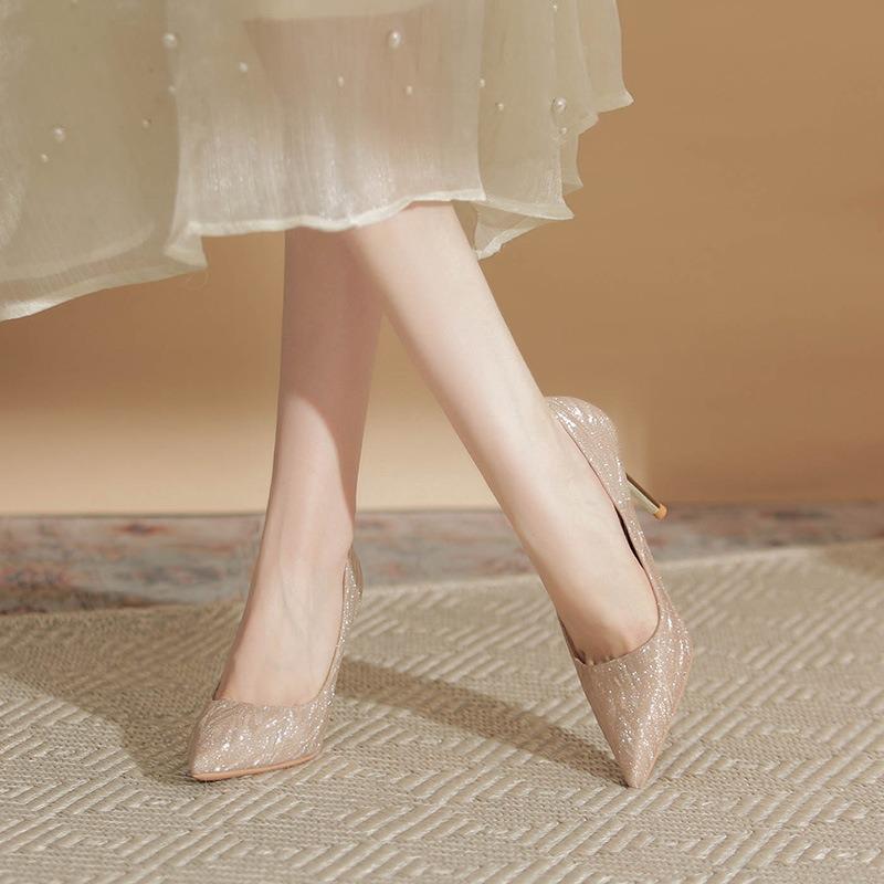 Versatile sequined high heels Xiuhe wedding dress wedding shoes fashion banquet pointed temperament single shoes women