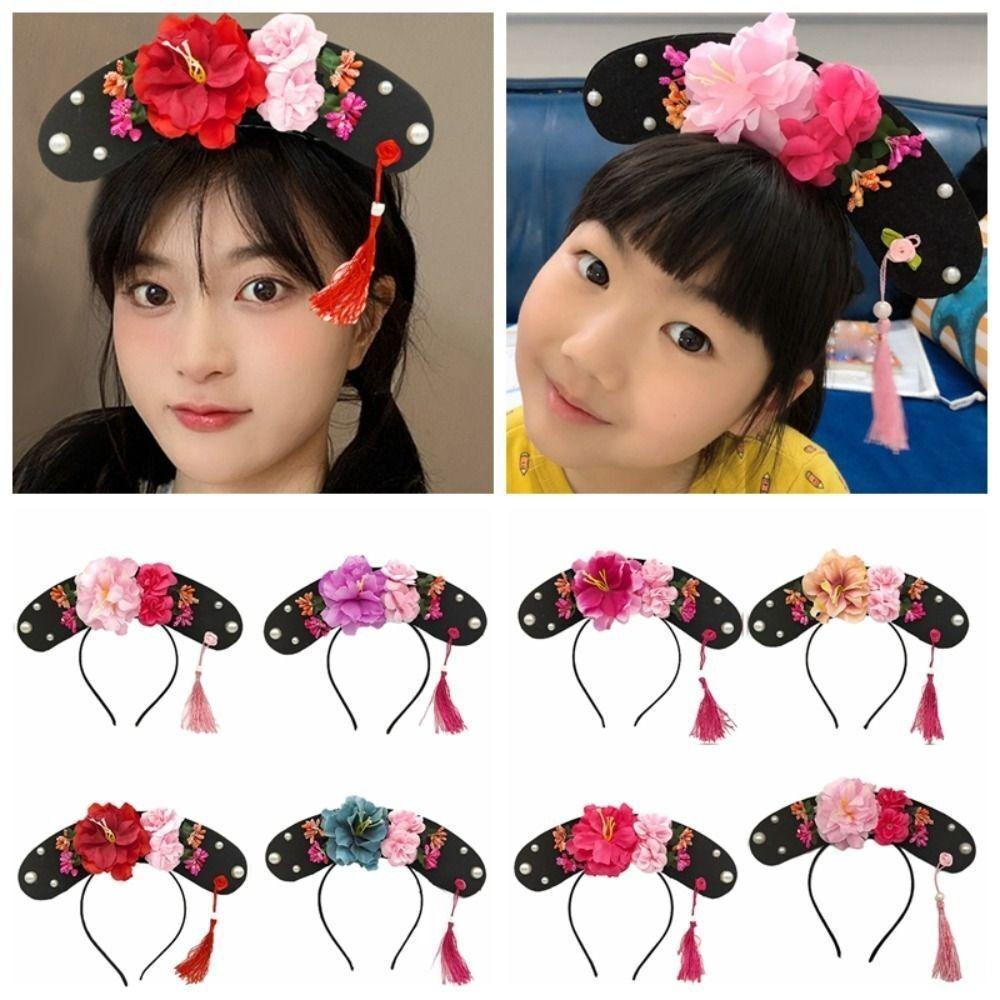 

Клетчатая шляпа в китайском стиле, косплей Hanfu, повязка на голову с цветком и кисточкой, новые ленты для волос