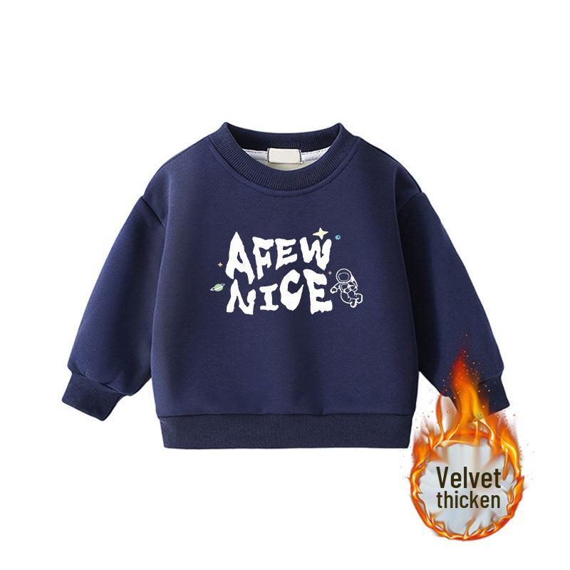 Children's Cartoon Print Velvet Lined Hoodie - Round Neck, Long Sleeve, Thickened Warm Base Layer