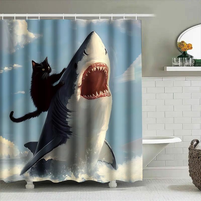 

Black Cat Riding Shark Digital Printing Shower Curtain - Unique Home Decor Idea For Bathroom Waterproof Durable Elevate Space W60H190(CM)-1 Pcs