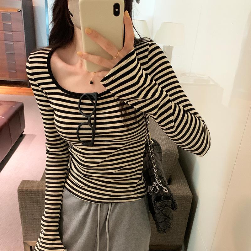 Korean Square Neck Flare Sleeve Slimming Retro Striped Long Sleeve Top for Women