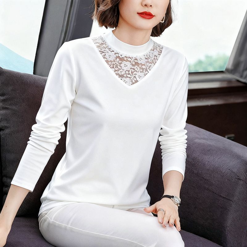 Pure Cotton Half-Turtleneck Lace Base Shirt for Women, New Spring, Autumn, and Winter Style, Fleece-Lined Long-Sleeve Slim-Fit Inner Top, Trendy