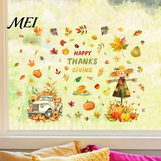 Thanksgiving Party Decor 4 Sheets Autumn Harvest Static Window Stickers, Maple Leaves Pumpkins Scarecrow Pickup Truck Decorative PVC Film Decals,