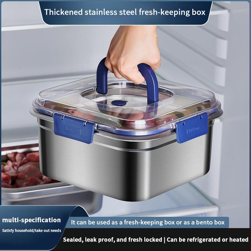 Large Capacity Stainless Steel Crisper With Handle Airtight Lid Leak-Proof Lunch Box Rectangular Fresh-Keeping Box Refrigerator