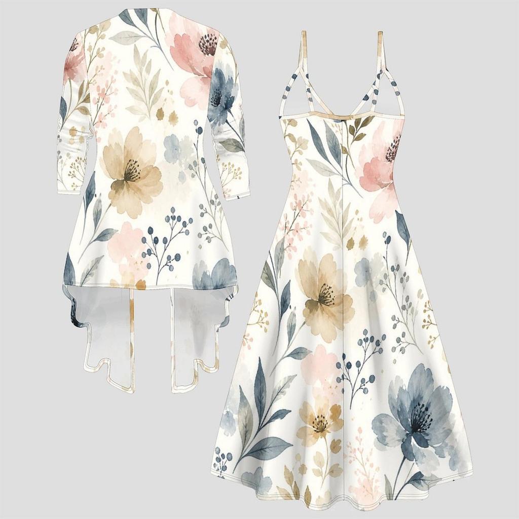 Women Plus Size Two Piece Set Long Sleeve Open Coat Cami Maxi Dress