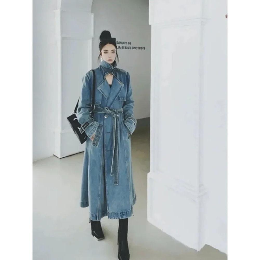 Wiosenne i jesienne jeansowe długie płaszcze damskie płaszcze kurtki trencz damski trencz