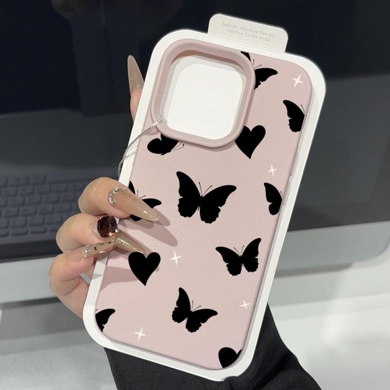 Coque Mate Motif Papillons Cœurs d'Amour Pour iPhone 16 Pro 15 Pro Max 14 13 12 11 TPU Texture Cuir Antichoc Douce Fine Housse de Téléphone