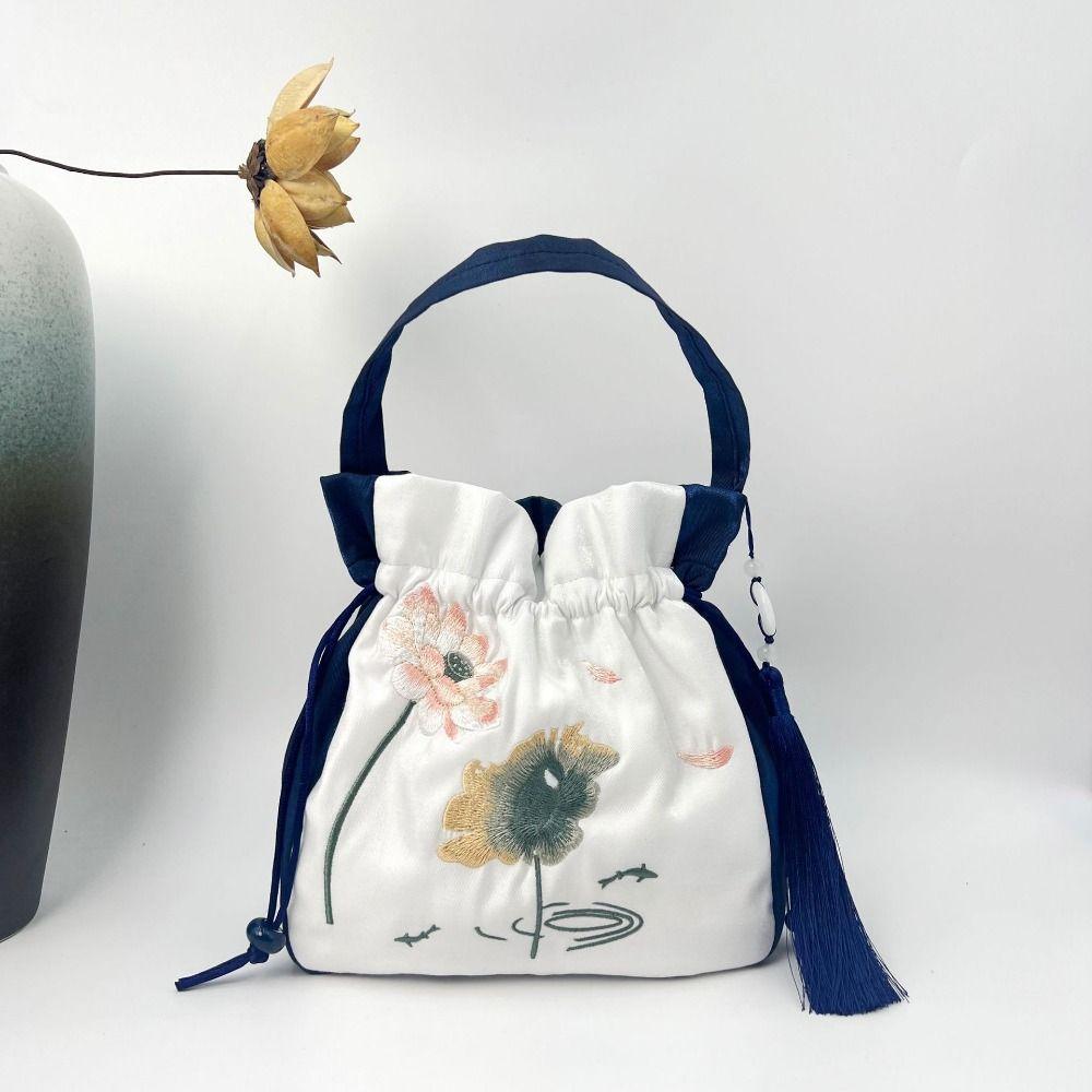Ethnic Style Embroidery Drawstring Bag Silk Satin Shoulder Bag Chinese Style Handbag Storage Bag Purse Hanfu Tassel Bag