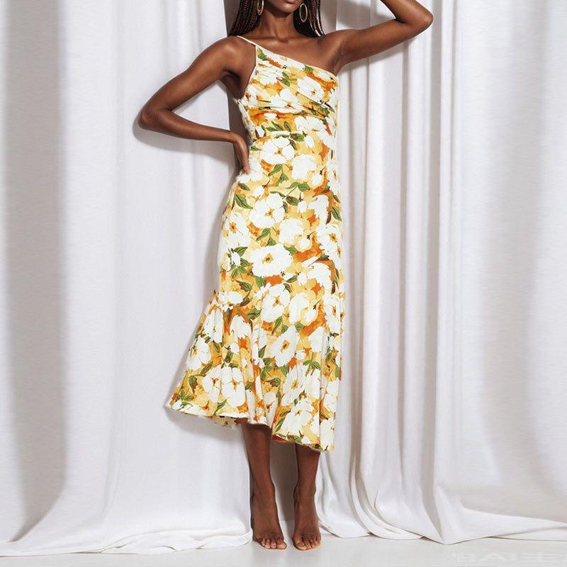 

24-Year Summer New Arrival Fashion Elegant Diagonal Collar Sling Fishtail Print Dress Yellow 2XL