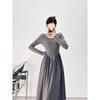 Women Slim Waist Long Dresses Patchwork Long Sleeve Dress Elegant Simple O-Neck A-Line Midi Dress