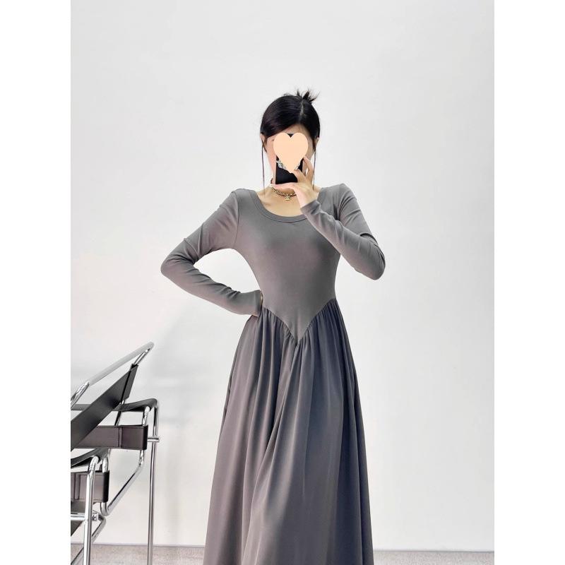 Women Slim Waist Long Dresses Patchwork Long Sleeve Dress Elegant Simple O-Neck A-Line Midi Dress