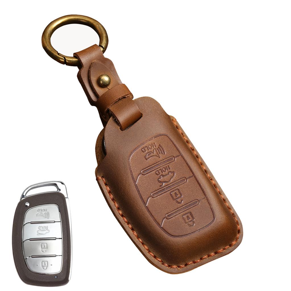Leather Key Case Cover For Hyundai IX25 IX35 Elantra Sonata I40 I10 I30 3 4 Button Key Case Keychain