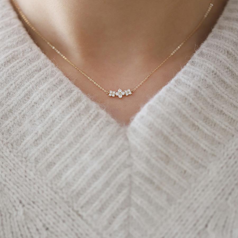 

925 Sterling Silver 9k Gold Plated Gold Necklace Korean Sweet Three Flower Zircon Pendant Necklace for Women Temperament Jewelry Gold