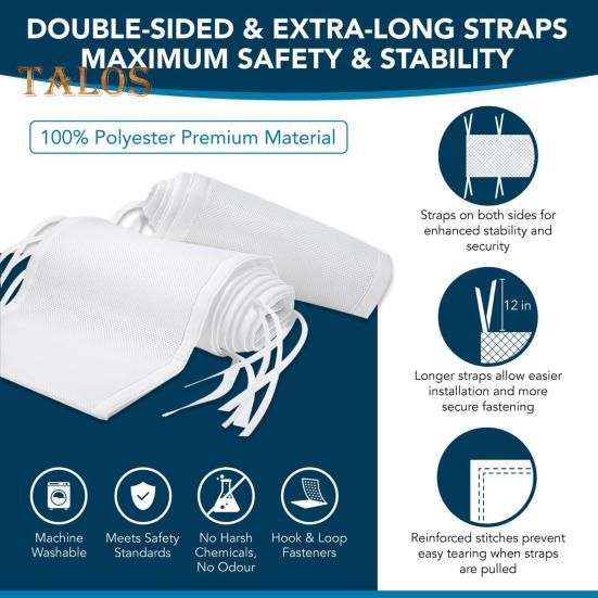 Căptușeală respirabilă pentru pătuț cu curele față-verso, barieră de siguranță din plasă, instalare ușoară, protecție pentru membre, bară de protecție pentru pătuț