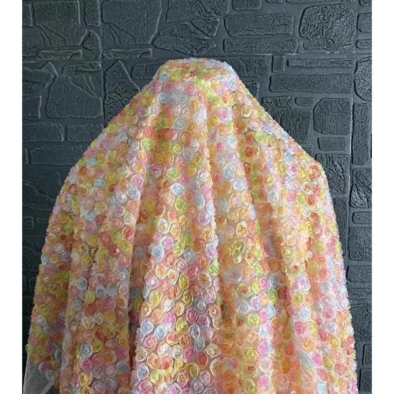 

3D Rose Embroidered Gradient Tulle Fabric for Handmade DIY Sewing Children s Dress Lace Dress Stage Costumes Designer Fabric 50x140cm