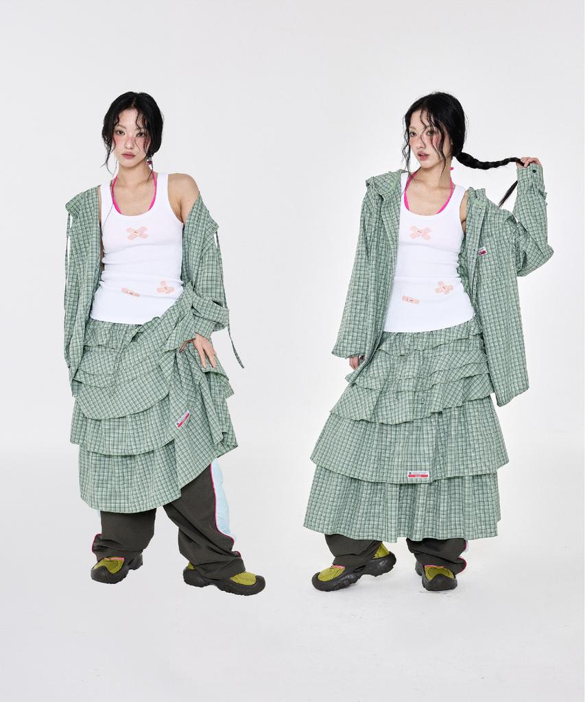 Yegeu Check Ruffle Skirt Green