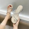 Fairy wind thick heel set toe pearl cool slippers women's outer wear 2025 summer new rhinestone middle heel Roman toe sandals