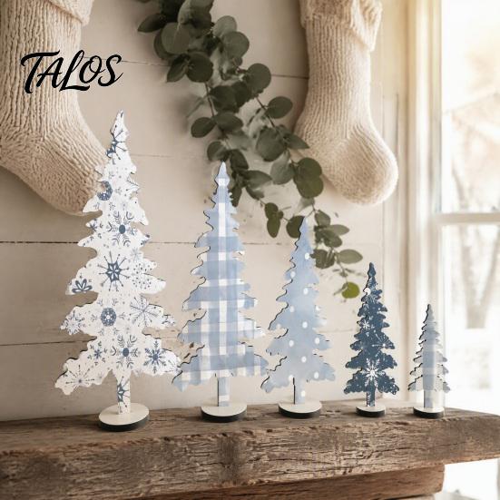 Staggered Tree Set Decorations 5Pcs Wooden Christmas Ornaments, Nordic Style Blue And White Small Village Scenes Plaid/Snowflake/Polka Dot Desktop for