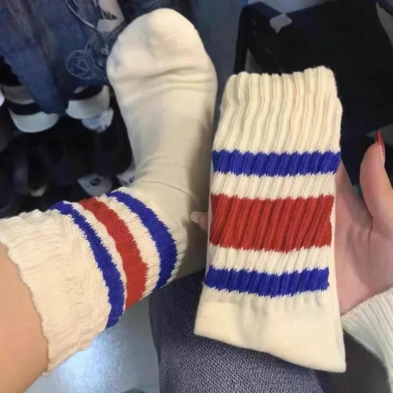 Cityboy Men's Striped Basketball Medium Tube Socks Vintage Unisex Women Couple Cottons Japanese Thick Towel Bottom Sports Socks