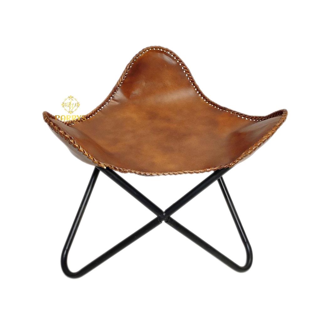 Handmade Buffalo Leather Butterfly Chair with Footstool Vintage Lounge Seat Folding Accent Chair