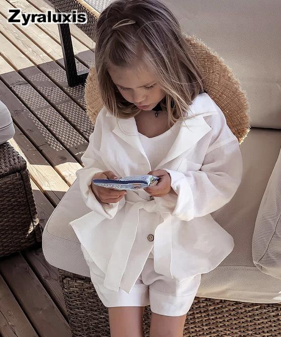 Spring/Summer Girls Cotton Linen Long Sleeve Round Collar Shirt Set + Shorts Kids 2-Piece Outfit