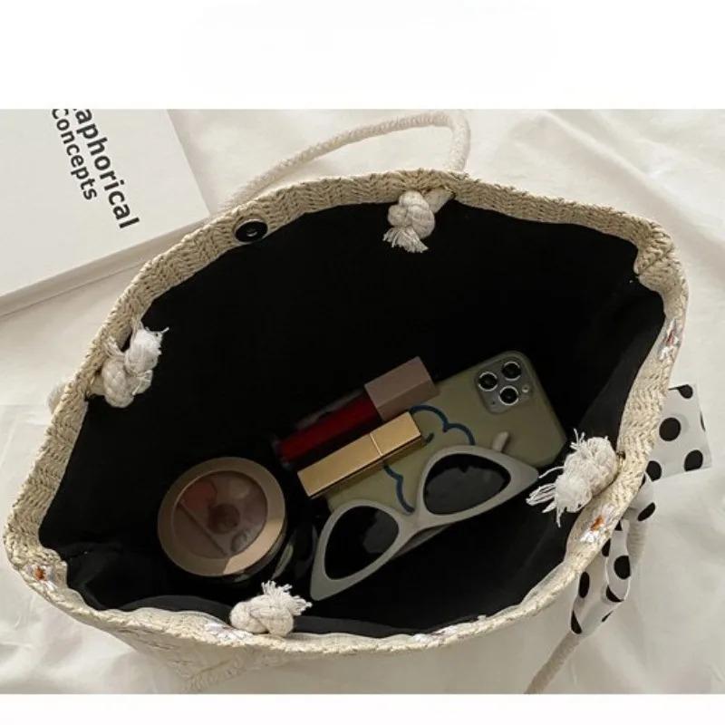 New Straw Woven Tote Bag for Women, Scarf Decoration Large Capacity Beach Handbag, Minimalist Trendy Vacation Shoulder Purse