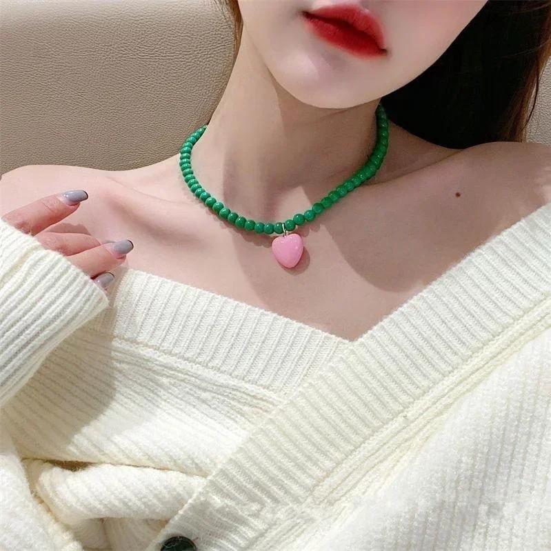 Candy Color Heart Necklace Fashion Girl's Vintage Sweet Pink Heart Pendant Earrings Freshwater Pearl Contrast Earring Design