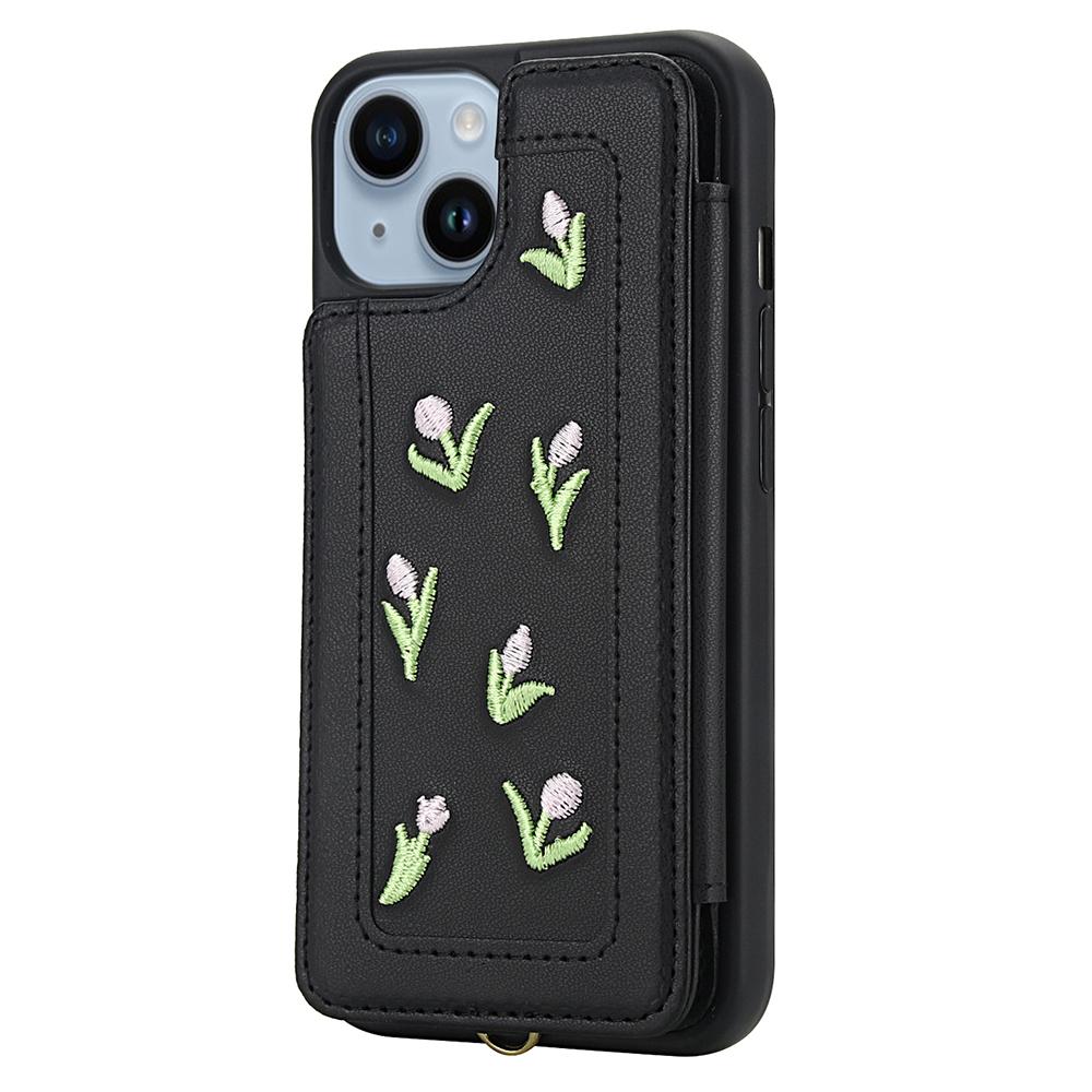 For iPhone 14/13 Case Embroidered Tulips PU Leather Card Holder Back Cover with Shoulder Strap/Wrist Strap