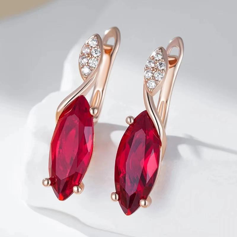Luxury Gold Color Marquise Red Zircon Twisted Drop Dangle Earrings for Women Party Gift