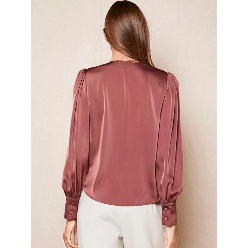 Women Satin V Neck Puff Sleeve Button Front Blouse S