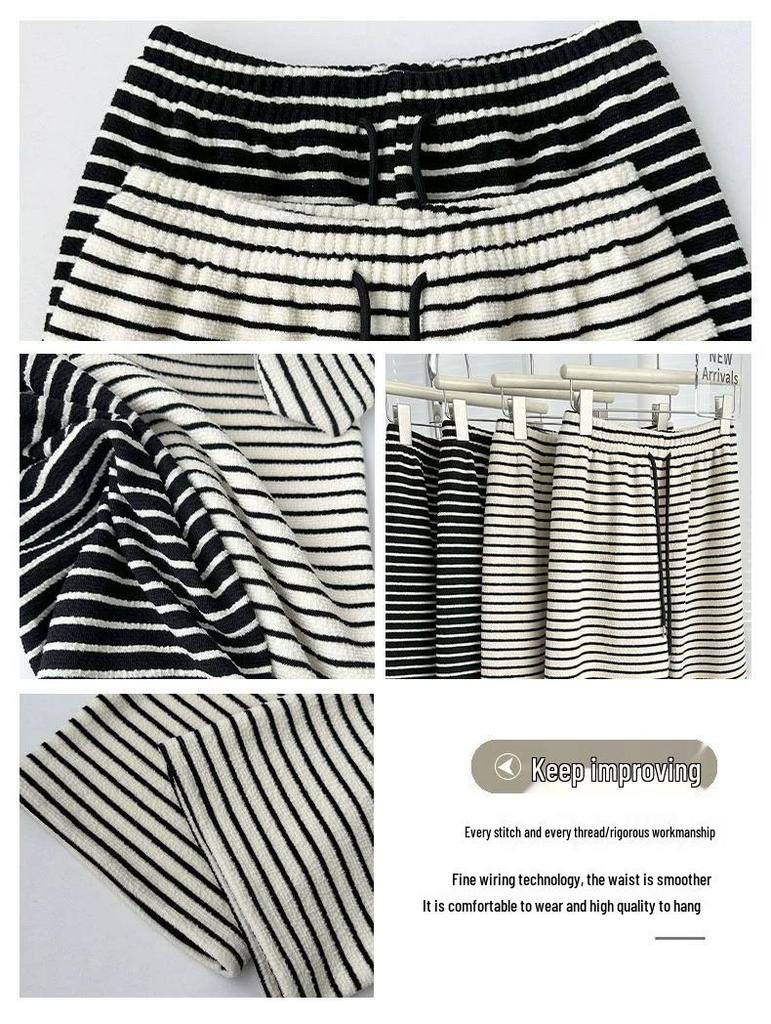 Women's Petite High-Waisted Black & White Striped Wide-Leg Pants - Autumn/Winter Casual Loose Fit with Plus Velvet