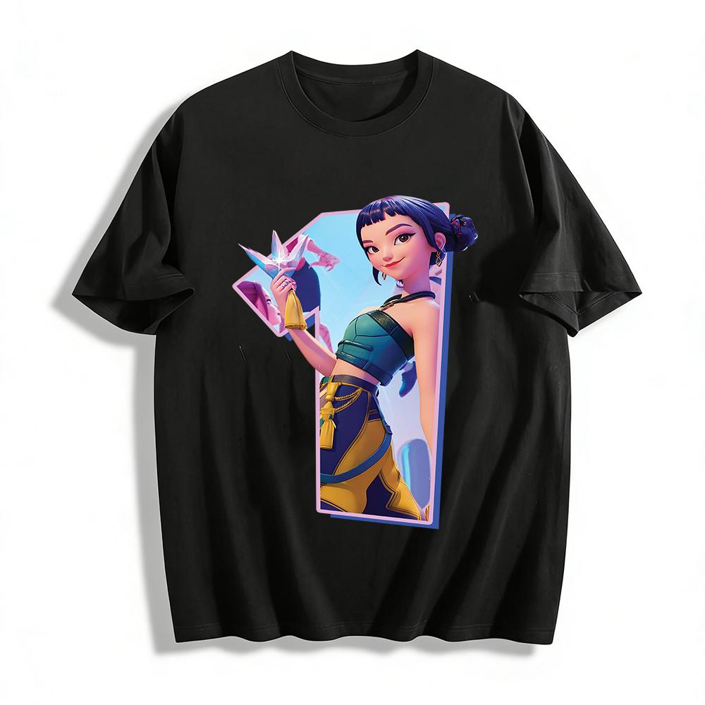 

Trendy Chinese Style Cool Girl Print Short Sleeve T-Shirt Casual Loose Crew Neck Breathable Top Pure cotton T-shirt XXS