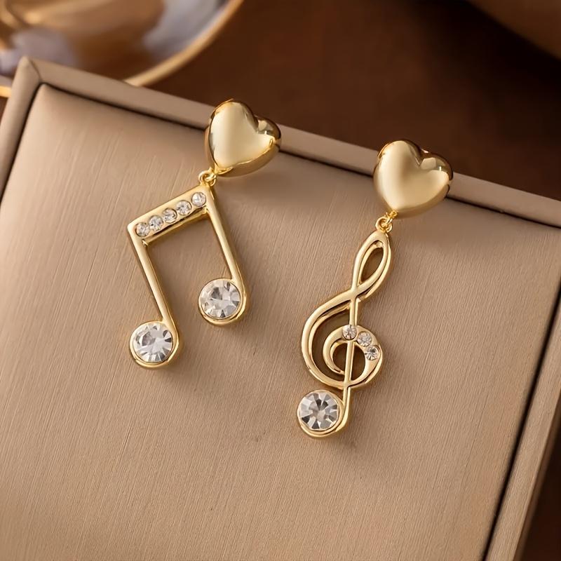 Coppia di Orecchini Pendenti Moda Tendenza Oro Asimmetrici Inlaid di Strass a Forma di Cuore Nota Musicale