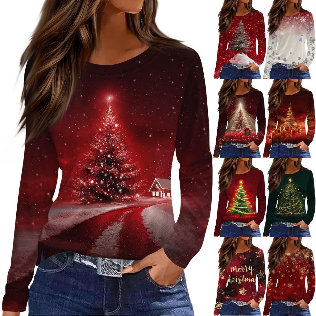 Women's Fashion Casual Slit Hem Round Neck Long Sleeve Loose Christmas Printed T-Shirt Ladies Top