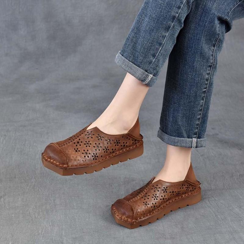Johnature Hollow-out Breathable Flat Sandals Retro Genuine Leather Soft Soled Women's Slip-on Shoes