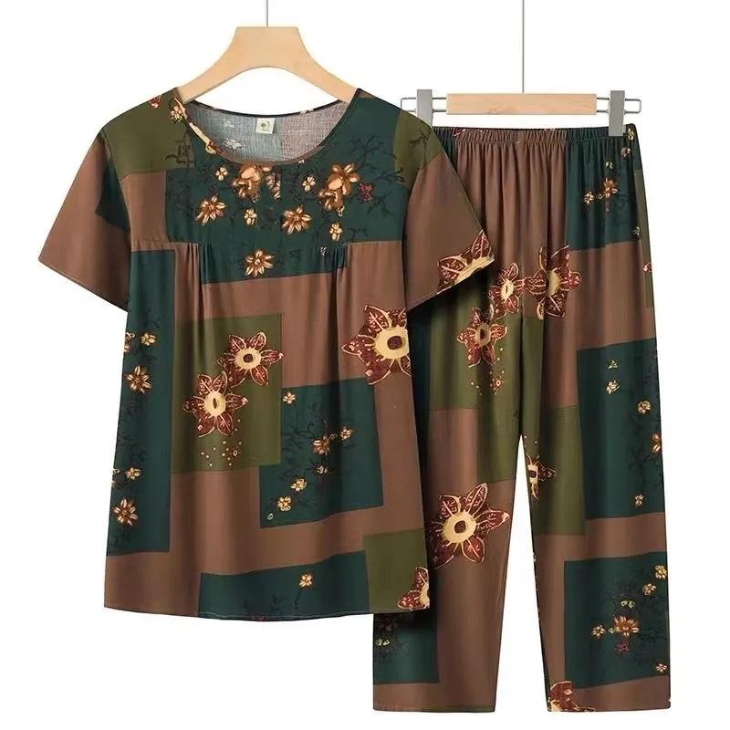 Conjunto Casual de Verão Plus Size Feminino para Idosos, Gola Redonda, Pulôver Solto + Calça de Sete Pontos, Seção Fina, Conjunto de Duas Peças