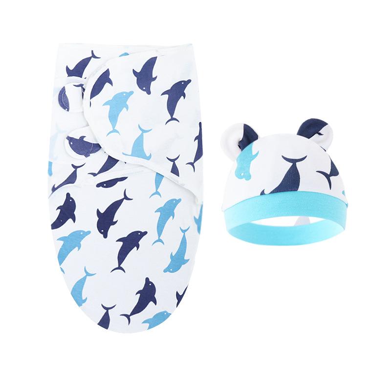 Baby Blanket Hat Set Cartoon Printed Cotton Newborn Swaddle Adjustable Infant Blankets Wraps Applicable All Seasons 0-6 Months