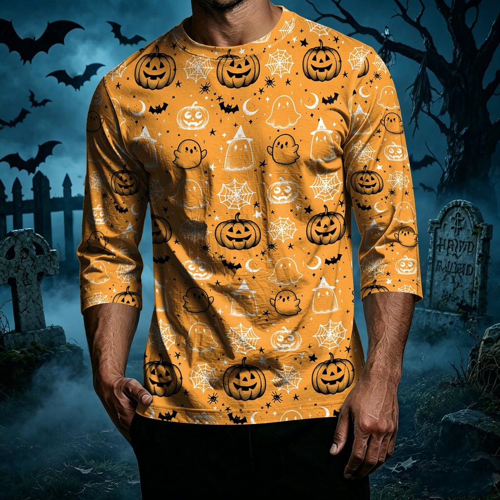 Men Casual Halloween Print Raglan Sleeve T Shirt Crew Neck Three Quarter Sleeve Top Comfortable Fit Lightweight Fabric