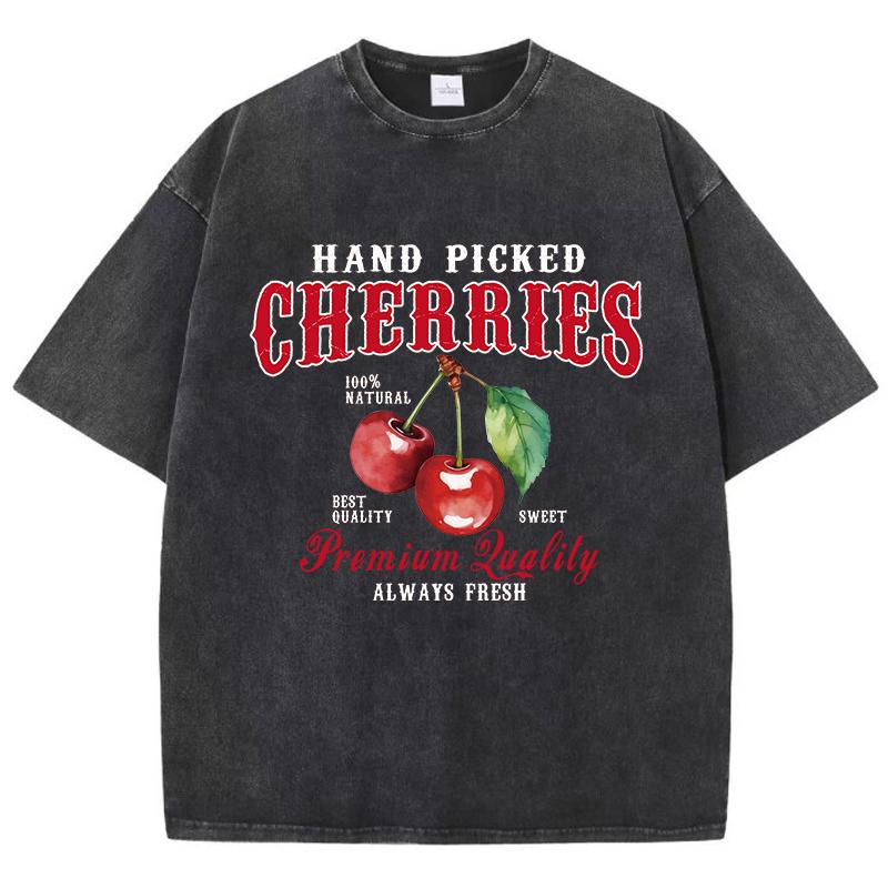 Cherries Cotton Washed TShirts Woman Red Fresh Fruit Tees Letter Prints Tops Crewneck Oversized T Shirt Street Female Clothes