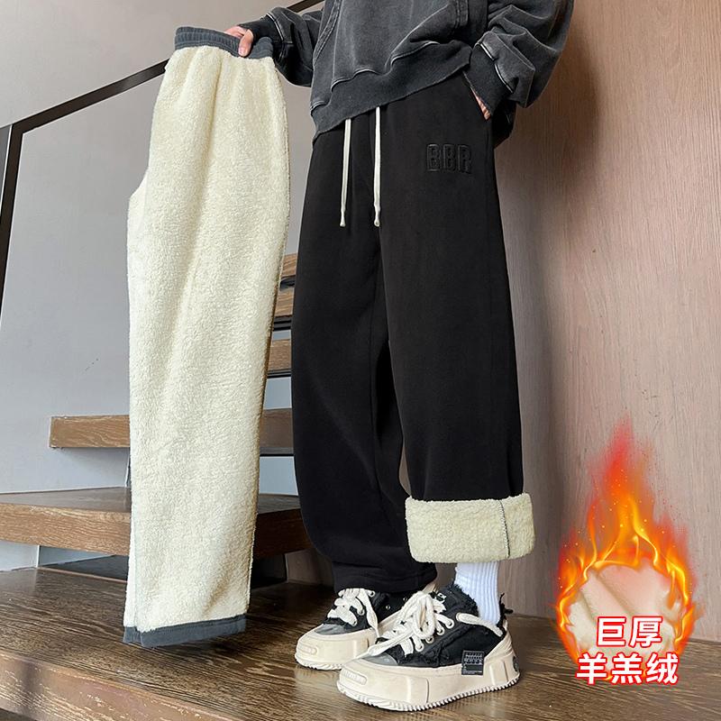 

Брюки из овечьего бархата для мальчиков на зиму, новый стиль, плюшевые утолщенные мужские повседневные хлопковые брюки прямого кроя, худи L чёрный