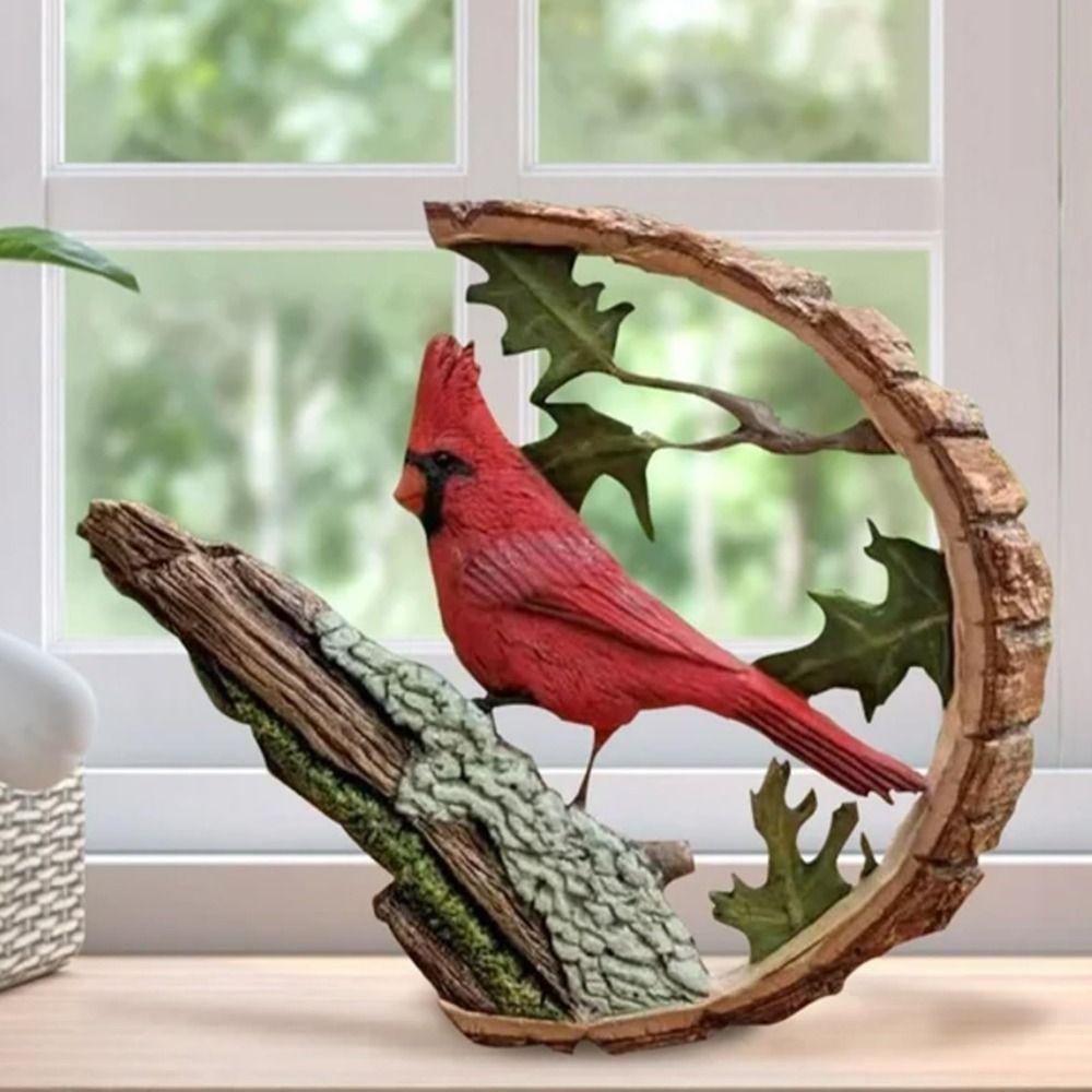 Creative Resin Linnet Figurines Handmade Semicircle Vibrant Red Bird Durable Engraving Red Bird Statue for Home