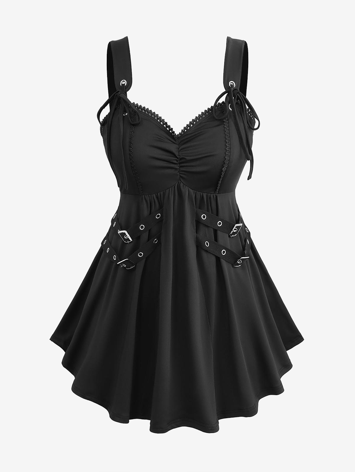 

Rosegal Большой размер Топ-майка на бретелях с пряжкой, люверсами, сборками, однотонный, с кружевной отделкой XL чёрный